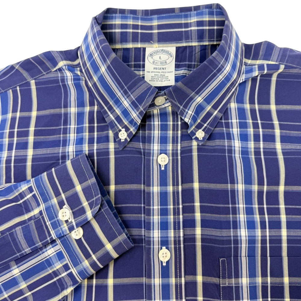 Brooks Brothers Regent Fit Blue Plaid Non-Iron Supima Cotton Shirt Mens Large